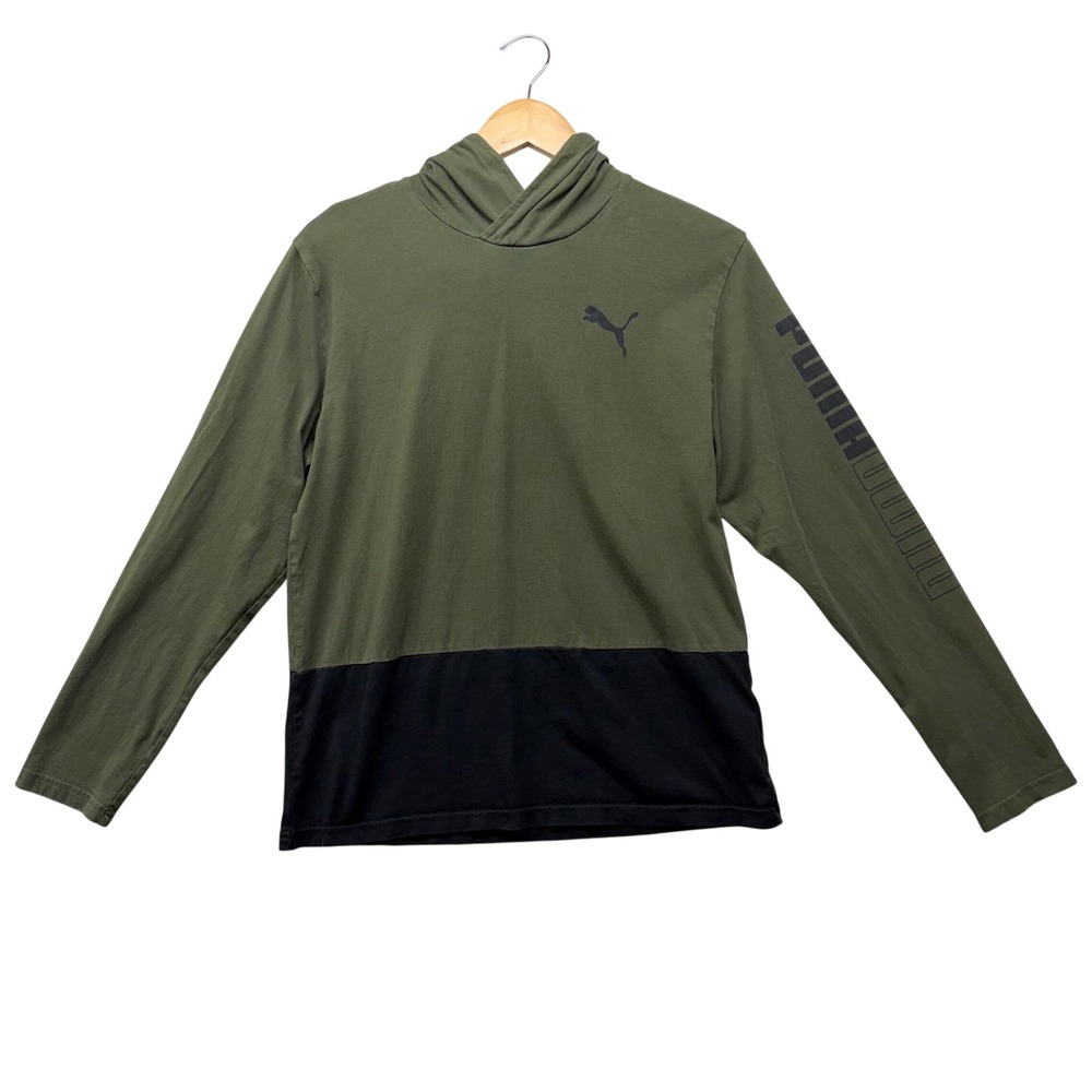 Puma Mens Long Sleeve Hooded T-Shirt Olive Green Black Colorblock 580604-04